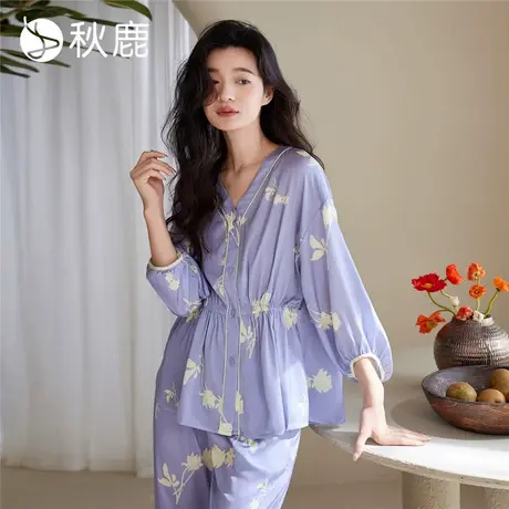秋鹿仿真丝睡衣女款夏季七分袖九分裤南韩丝开衫家居服女春夏薄款商品大图