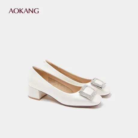 奥康 女鞋春秋新款方头浅口搭扣平跟绸缎粗跟婚鞋单鞋女商品大图