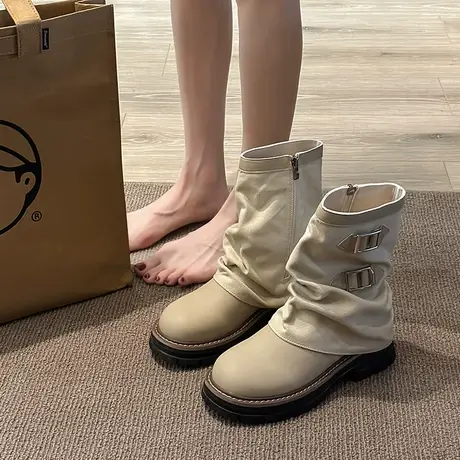 永希夏日爆款堆堆靴2023年新款法式中筒靴显瘦百搭复古时尚女靴潮图片