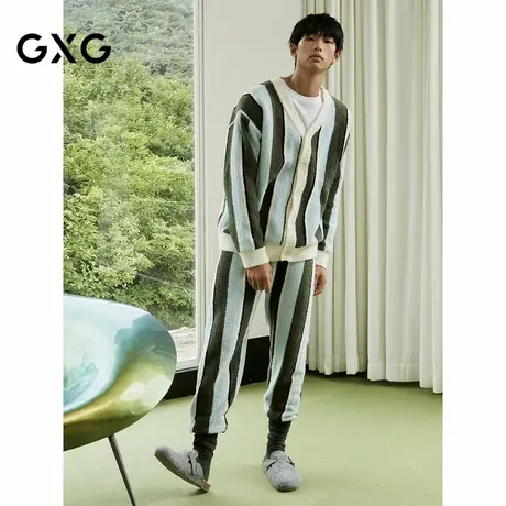 GXG男士家居套装 蓝绿条纹开衫居家服半边绒可外穿睡衣商品大图