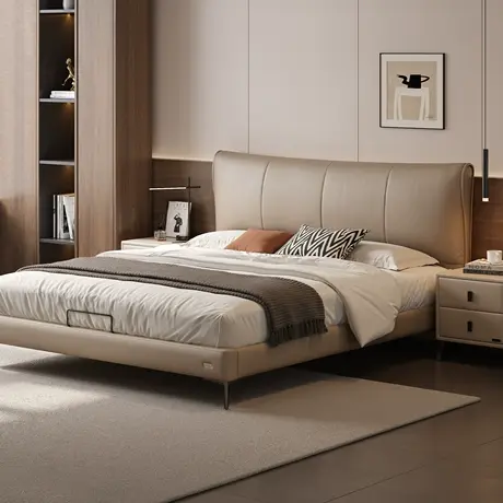 全友家居意式极简香奈儿真皮床2025新款卧室头层牛皮软包双人大床商品大图