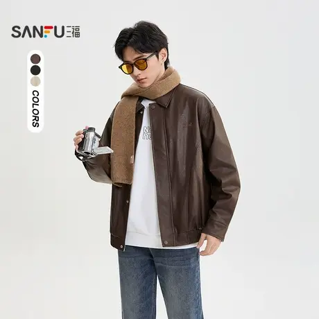 三福2025冬季男士英文刺绣PU皮衣夹克 舒适绒里翻领外套509997商品大图