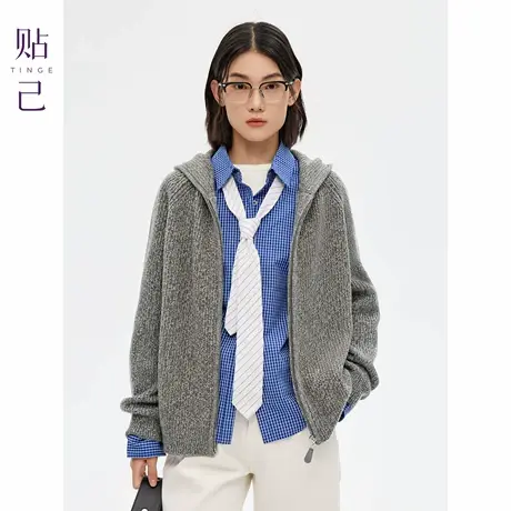 TINGE贴己100%羊毛带帽拉链针织外套女秋冬25老钱风毛衣复古上衣商品大图