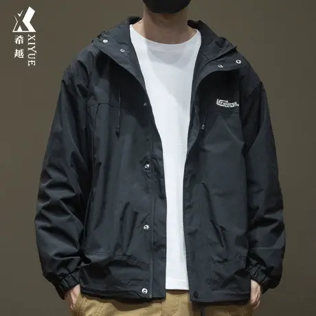 希越户外多口袋防水冲锋衣男秋季宽松大码休闲开衫拉链连帽外套潮商品大图