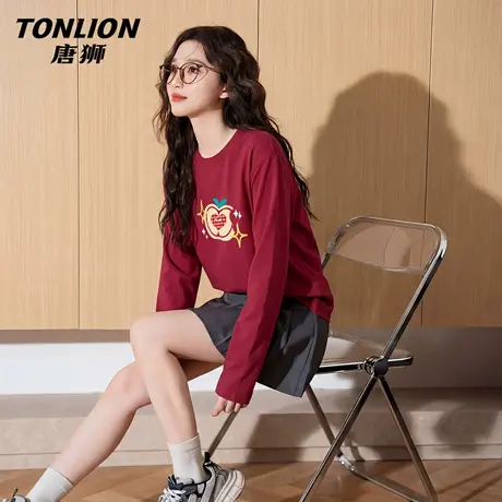 唐狮官方红色长袖t恤女2026新款春季本命年马年打底衫新年战袍VC图片