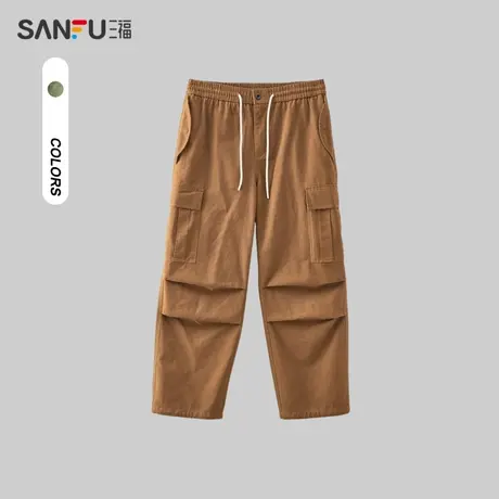三福2023冬男士打褶机能口袋休闲裤 纯棉宽松直筒长裤男477337商品大图