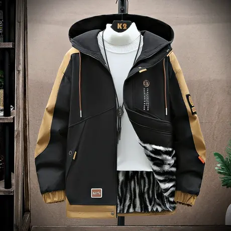 休闲外套男士2023秋冬季新款潮流加绒加厚夹克潮牌撞色拼接冲锋衣商品大图