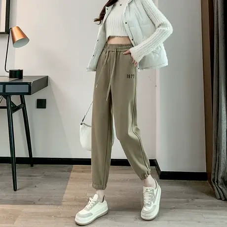 加绒束脚运动裤女冬季加厚高腰显瘦休闲宽松直筒阔腿束脚哈伦卫裤图片