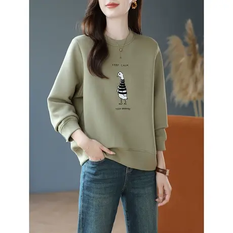 宝诗黎圆领字母印花长袖上衣女棉质宽松卫衣2023新款百搭休闲秋装商品大图