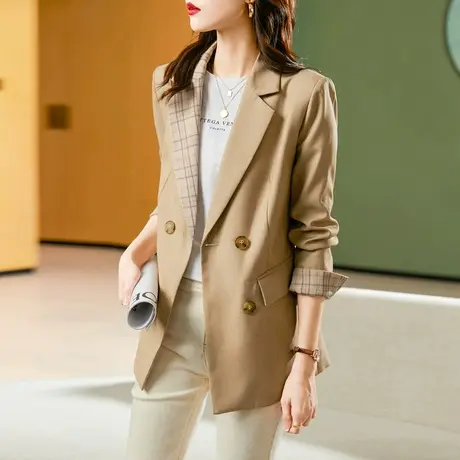 时尚格纹小西装外套女春秋季新款气质韩版短款宽松直筒上衣商品大图