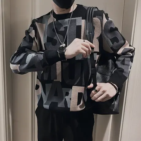 秋冬款满印多色字母提花毛衣男小众高级感潮牌内搭针织衫打底线衣图片