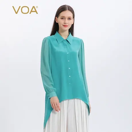 VOA真丝30姆米重磅蓝色POLO领单排扣做旧工艺通勤长袖桑蚕丝衬衫商品大图
