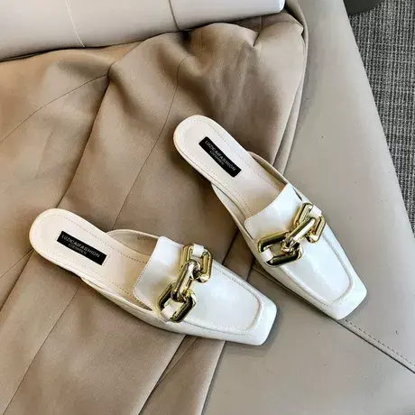 网上无双米白色方头穆勒鞋一脚蹬包头半拖鞋女鞋粗跟外穿链条凉拖图片