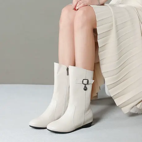 秋冬季新款中筒靴女舒适圆头全牛皮靴子春秋米白色平底内增高短靴图片