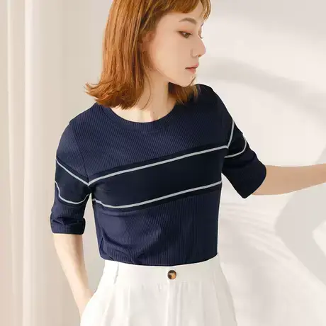 桔熊夏季简约休闲拼接撞色坑条衫舒适简约短袖上衣女大码AB17269图片