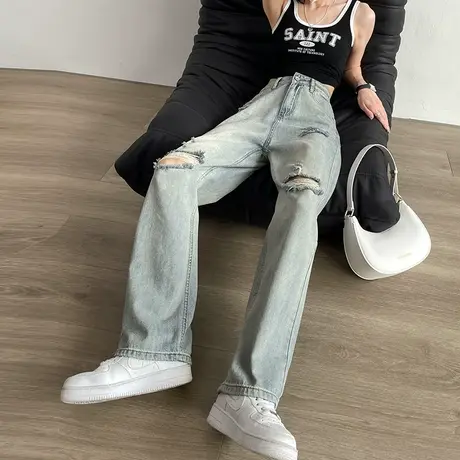 高街破洞牛仔裤女春秋新款复古宽松直筒裤子高腰垂感小个子阔腿裤商品大图