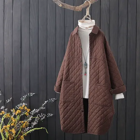 中长款棉衣女装秋冬季新款文艺纯色宽松夹棉衬衫薄款棉袄显瘦外套图片