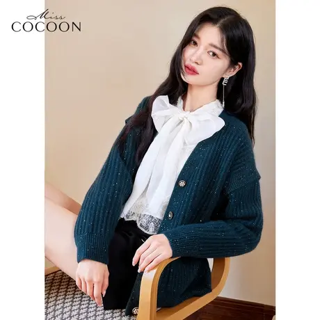 MISSCOCOON法式亮片羊毛针织开衫女2023新款春季时尚宽松毛衣外套商品大图