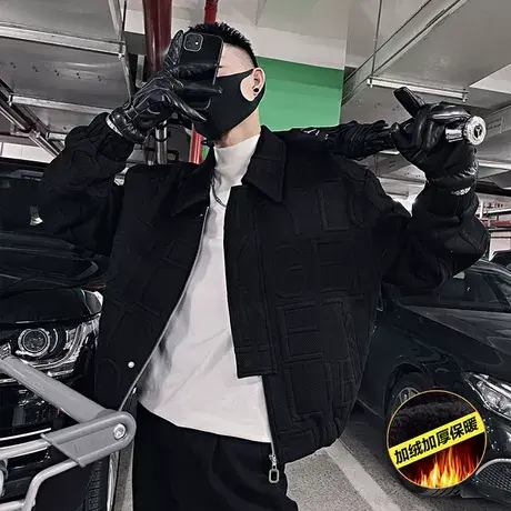 冬季加绒加厚机车字母夹克潮牌潮流学生网红个性ins痞帅短款外套商品大图