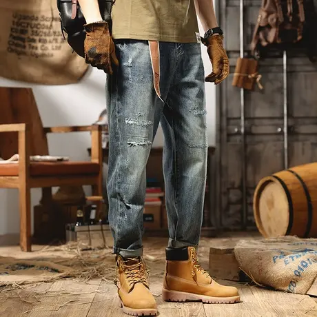 复古破洞牛仔裤男韩版潮流宽松直筒微锥裤子男简约百搭休闲长裤潮商品大图