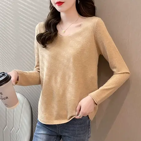 2023春秋新款纯色长袖V领针织衫女士百搭韩版宽松打底衫套头毛衣商品大图