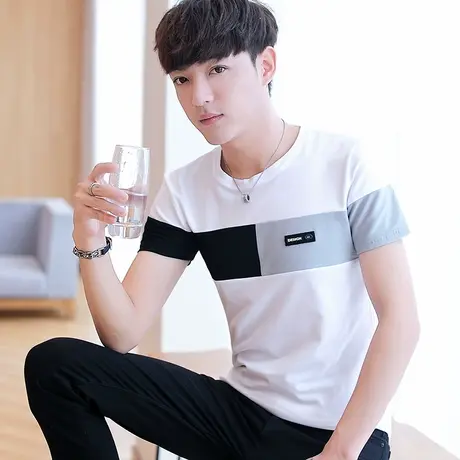 男士短袖t恤韩版潮流圆领半袖夏季男装修身新疆棉感衣服帅气体恤商品大图