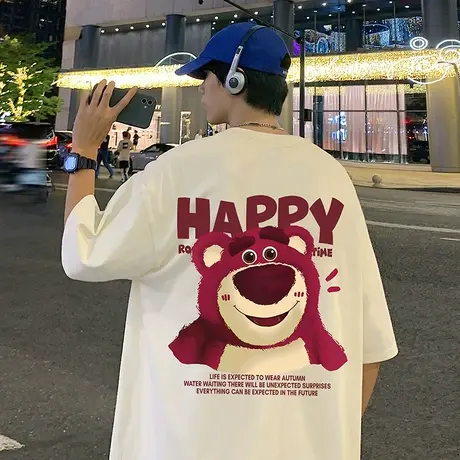 纯棉草莓熊印花宽松短袖T恤男夏季薄款2024新款半袖ins潮流体恤衫商品大图