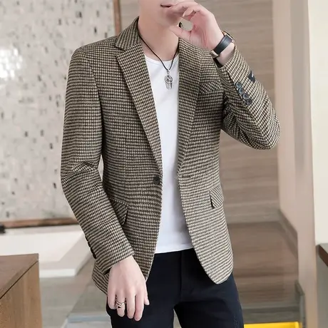 春秋新款帅气修身单西外套男士休闲小西装韩版潮流千鸟格西服上衣商品大图