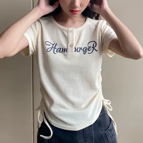 尔给修身短款上衣小众字母原创复古美式短袖t恤女夏季2022年新款商品大图
