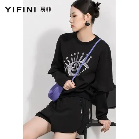 Yifini/易菲宽松短款圆领套头卫衣女春秋新款印花长袖上衣商品大图