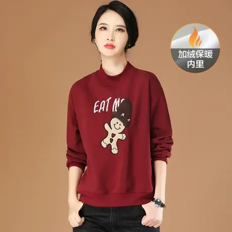 韩潮袭人圆领长袖刺绣加绒套头卫衣女2023冬季新款宽松显瘦上衣厚商品大图
