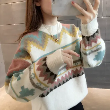 复古提花圆领套头毛衣女2023年秋冬新款百搭宽松洋气毛衣上衣内搭图片