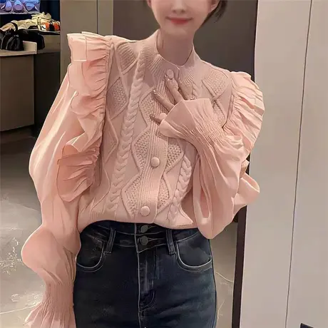 春装2023年新款针织开衫毛衣女春秋款外套荷叶袖初春上衣小众女装商品大图