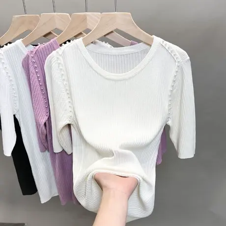 圆领钉珠针织衫2023春夏秋新款内搭打底衫外穿冰丝上衣中袖t恤衫商品大图