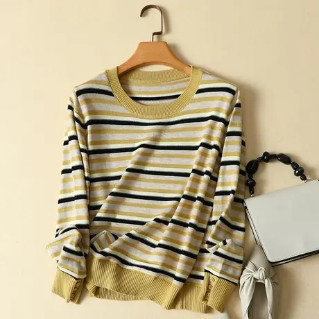 针织衫女士春装2024新款宽松打底衫秋季内搭上衣短款条纹圆领毛衣商品大图