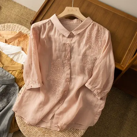 享永子五分袖刺绣苎麻衬衫女夏文艺复古宽松显瘦棉麻上衣2024新款商品大图