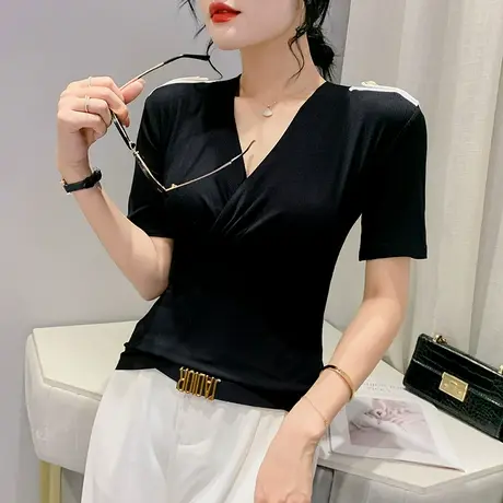 欧货性感短袖t恤女ins潮设计感小众交叉V领上衣高级感修身半袖衫图片