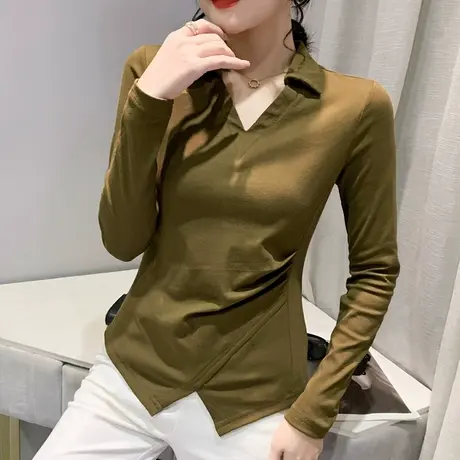 POLO领打底衫女长袖2024新款纯色百搭气质T恤ins不规则开叉上衣潮商品大图