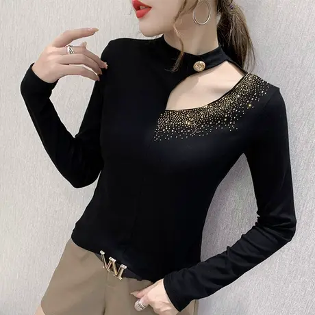 秋冬款加厚磨毛立领上衣性感烫钻T恤女长袖复古修身个性小衫商品大图