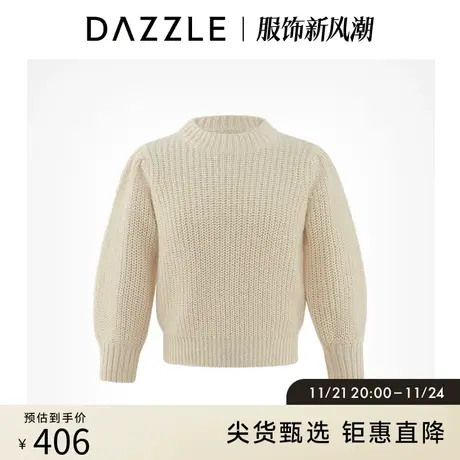 DAZZLE地素奥莱 白色粗针织泡泡袖圆领毛衣女2D4E3011B图片
