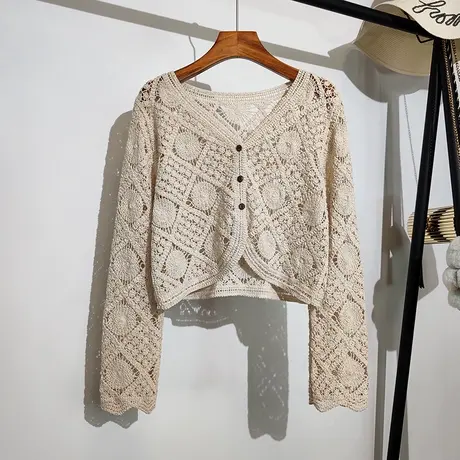 钩花镂空针织开衫女春夏新款吊带裙子外搭高腰短款长袖上衣防晒衫商品大图