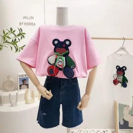 2022夏季新款韩国东大门ins重工水钻小熊短袖T恤时髦上衣欧货大码图片