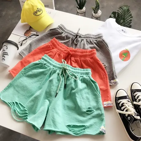 2020夏新款韩国东大门Ulzzang亮色毛圈棉高腰热短裤卷边百搭休闲商品大图
