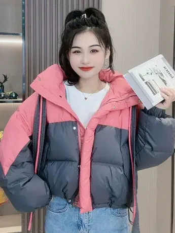 短款羽绒服女2023冬季新款撞色绑带拼接小个子加厚白鸭绒时尚外套图片