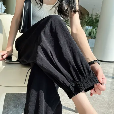 醋酸运动裤女冰丝春秋新款高腰宽松显瘦哈伦休闲九分束脚灯笼裤子商品大图
