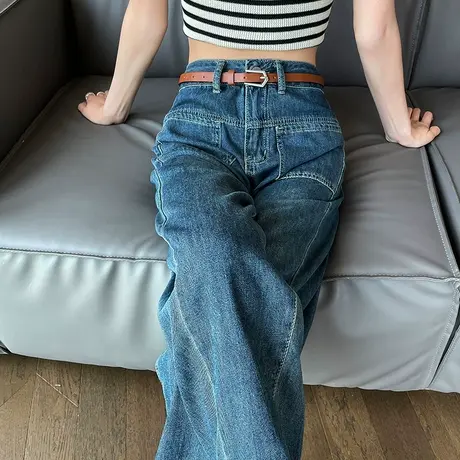 蓝色韩版高腰显瘦牛仔裤女2025春秋新款宽松时尚休闲香蕉直筒裤子商品大图