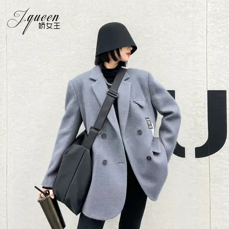 毛呢西装外套女加厚秋冬新款韩版宽松显瘦复古洋气中长款呢子大衣商品大图