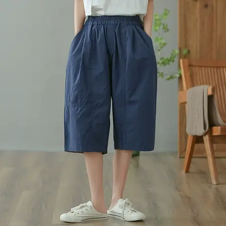 dza 高腰显瘦全棉休闲裤女2023夏薄款直筒裤五分裤宽松百搭阔腿裤图片