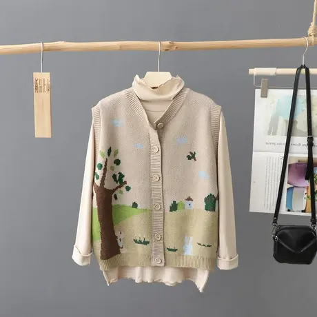 圆领针织开衫女无袖提花百搭宽松马甲女背心叠穿坎肩秋装新款上衣图片