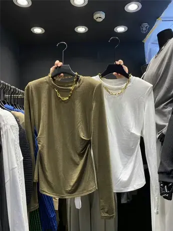 2021早秋韩版气质垫肩长袖t恤女上衣时尚打底衫设计感项链洋气潮商品大图